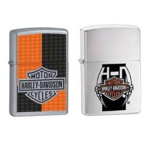  Zippo Lighter Set   Harley Davidson Orange Black Deco Logo 