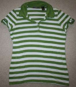 LIZ CLAIBORNE Green White Striped Polo Stretch Shirt Large Womens 