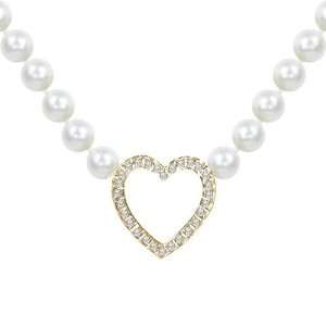   Pearl Necklace w/ 14K White Gold Diamond Accent Heart Center Jewelry