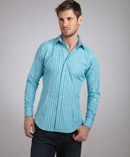 Etro turquoise bar striped Alex slim fit dress shirt
