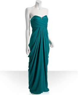 Nicole Miller teal georgette strapless draped gown   