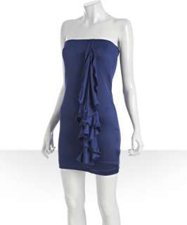 Halston Heritage blue stretch sateen strapless ruffle dress