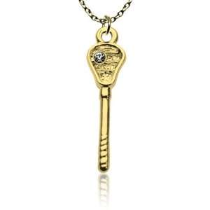 Gold Lacrosse Stick Pendant Necklace with Cubic Zirconium  1.25 Stick 