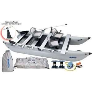   440fc 14.3ft Inflatable Motormount Pontoon Boat Incl Oars Electronics