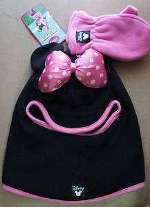 NWT Pink Black Minnie Mouse Fleece Hat & Mitten Set One Size Girls Bow 