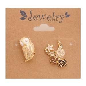   Gold Plated Three Piece Owl, Moon and Flower Earrings 