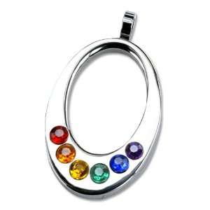  Oval Stainless Steel Pendant with Rainbow Colored Stones Jewelry