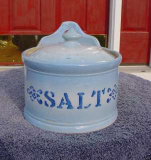 Blue and White Stoneware Salt Crock with Lid  