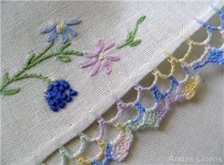 Vintage Linen Table Runner Hand Embroidered Crochet Lace  