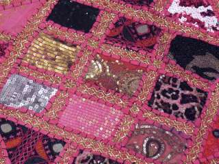Pewter & Gold Hand Embroidered, sequin work Sari Indian Table Runner 