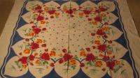 Vintage tablecloth.Red/yellow roses.Blue hearts. Cobolt blue wavy 