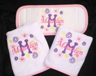 Personalized Monogrammed 3 pc set Bib, Burp, Koozie for Boy or Girl 