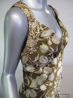 Vera Wang Dress Grn Silk W/ Gold Sequin Detail Sz 8  