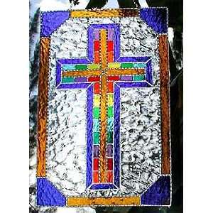  Cathedral Cross Stained Glass Art   Blue & Green   10 x 