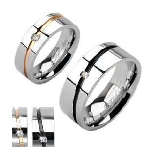    Stainless Steel IP Striped Single CZ Ring   Size13 Jewelry