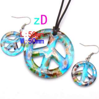   Skyblue Peace Sign Murano Lampwork Glass Necklace Earrings Set Jewelry