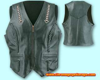 Ladies Leather Motorcycle Vest w/Braid & Pearl Arrows  
