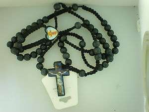 ROSARY CROSS CHARM+black WOODEN BEADS N JESSUS PICTURES  