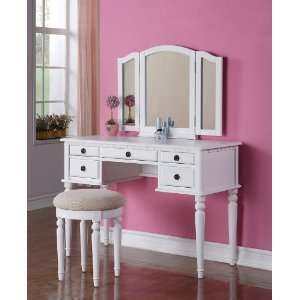  Vanity and Stool Set with Foldout Mirror in White Finish 
